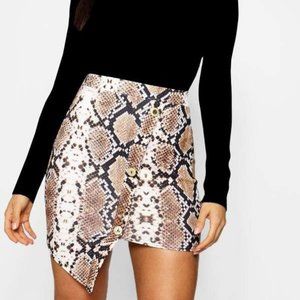 Boohoo Asymmetrical Gold Button Snake Print Mini Skirt